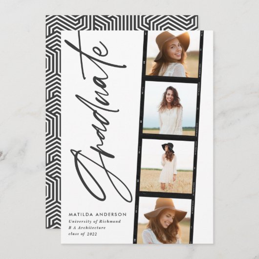 Geometrische fototypografie zwart wit afstuderen aankondiging (Voorkant / Achterkant)