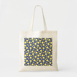Geometrische funky felgele cirkels op blauw tote bag