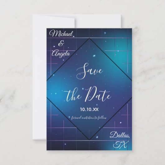 Geometrische futuristische jaren 80 stijl Galaxy R Save The Date (Voorkant)