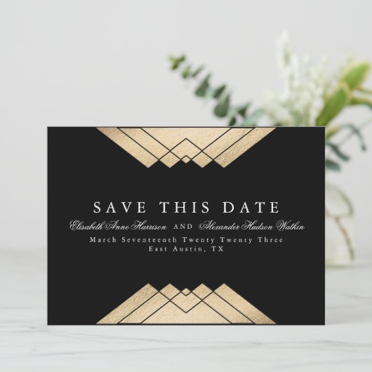 Geometrische Gatsby Gold Faux Folie Deze datum ops Aankondiging (Staand voorkant)