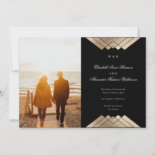 Geometrische Gatsby Gold Faux Folie Deze datum ops Aankondiging (Achterkant)