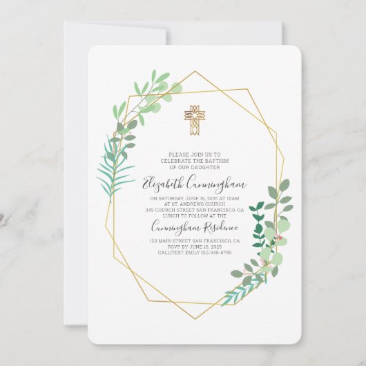 Geometrische gebladerte Gouden Kruis doop uitnodig Kaart (Voorkant)