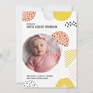 Geometrische geboortekaart met foto van baby meisj kaart