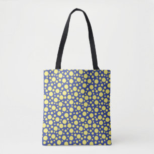 Geometrische gele cirkels op blauwe boodschappenta tote bag
