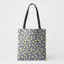 Geometrische gele cirkels op blauwe canvas tas