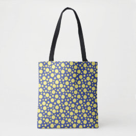 Geometrische gele cirkels op blauwe canvas tas