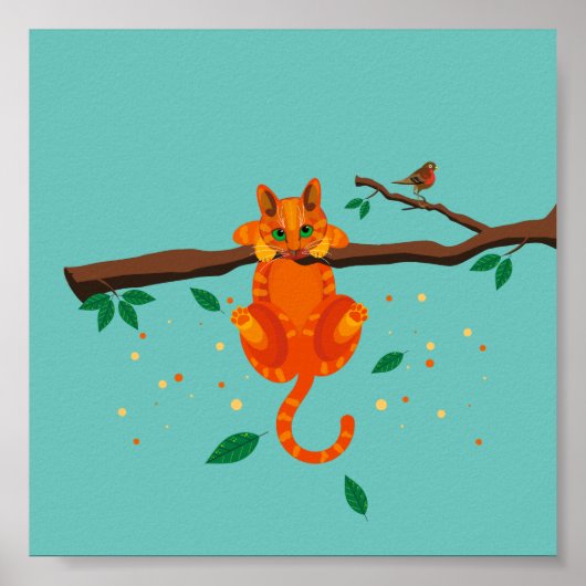 Geometrische gember Kat omhoog een boomillustratie Poster (Voorkant)