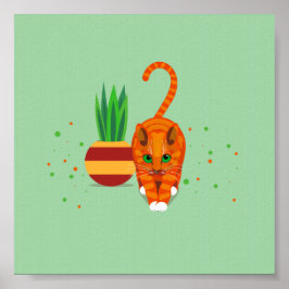 Geometrische gemberkat loopt langs een plant pot p poster