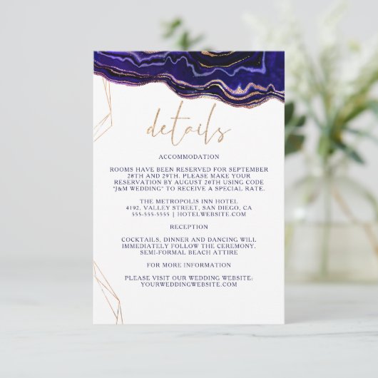 Geometrische geode Deep Blue Agate Weddenschap Det Informatiekaartje (Staand voorkant)