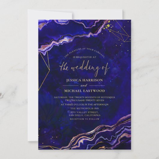 Geometrische geode Deep Blue Roos Gold Agate Weddi Kaart (Voorkant)