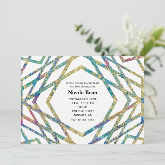 Geometrische Glam Colors & Gold Party Invitations Kaart (Staand voorkant)