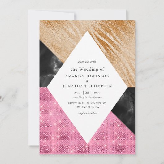 Geometrische Glam Faux Glitter Marmer Bruiloft Kaart (Voorkant)