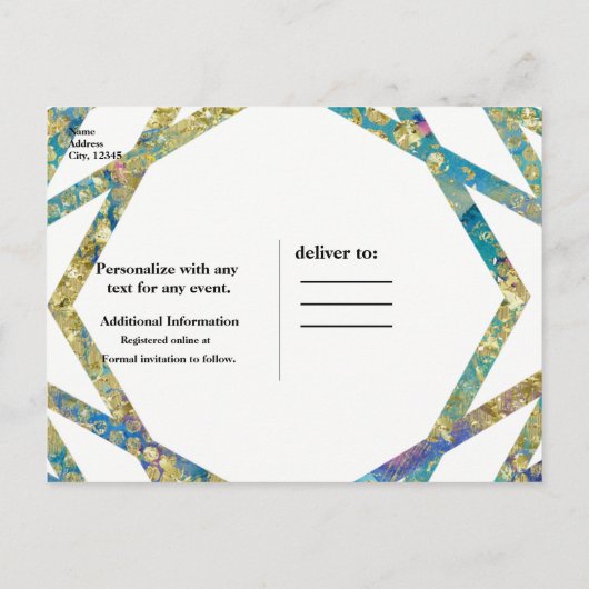 Geometrische Glam-kleuren en Gold Custom Chic Part Aankondigingskaart (Achterkant)