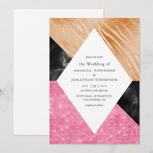 Geometrische Glam Nep Glitter Marmeren Bruiloft Kaart