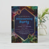 Geometrische Gold Blue Glitter Housewarming Party Kaart (Staand voorkant)