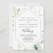 Geometrische Gold Eucalyptus Front & Back Wedding Kaart (Voorkant)