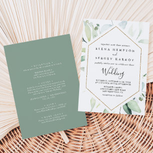 Geometrische Gold Eucalyptus Front & Back Wedding Kaart