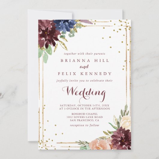 Geometrische Gold Glitter Front & Back Wedding Kaart (Voorkant)