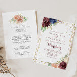 Geometrische Gold Glitter Front & Back Wedding Kaart<br><div class="desc">Deze geometrische goudglitteruitnodiging voor voor en achter bruiloft is perfect voor een rustige bruiloft. Het ontwerp is voorzien van handgetekende waterverf paarse, marineschrift, bruinkool, bogundij, zeemijlbloemen, groene en goudbladeren die een elegant geometrisch lijst omarmen. Bespaar papier door meer informatie op de achterkant van de uitnodiging te plaatsen in plaats van...</div>