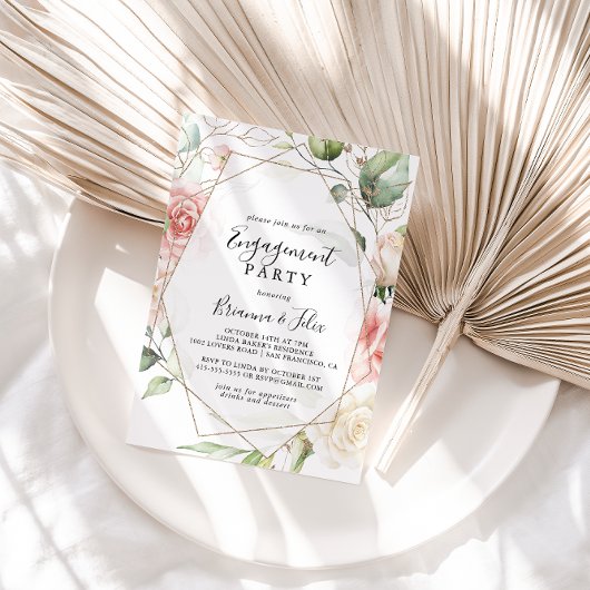 Geometrische Gold Green Foliage Engagement Party Kaart