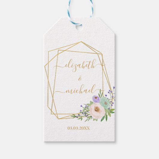 Geometrische Gold-Pastel-Blumen-Hochzeit Cadeaulabel (Voorkant)