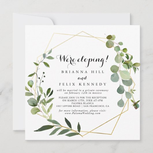 Geometrische Gold Tropical Green Elopement Recepti Kaart (Voorkant)