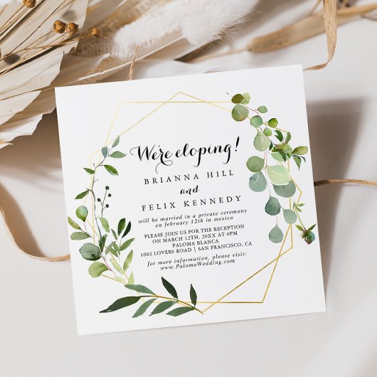 Geometrische Gold Tropical Green Elopement Recepti Kaart