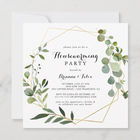 Geometrische Gold Tropical Green Housewarming Part Kaart (Voorkant)