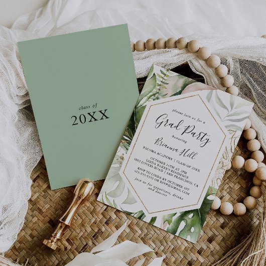 Geometrische Gold Tropical Greenery Afstudeerder P Kaart