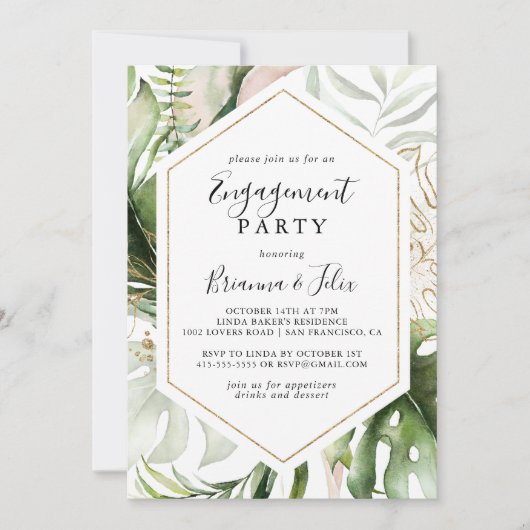 Geometrische Gold Tropical Greenery Engagement Par Kaart (Voorkant)