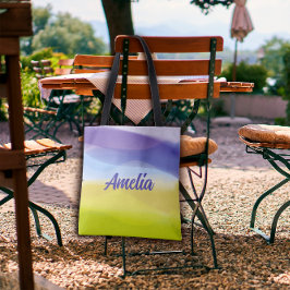 Geometrische golf limoen gele lavendel met naam tote bag