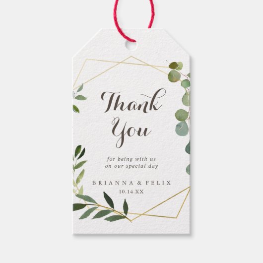 Geometrische Goud Bruin Groene bruiloft Dank u Cadeaulabel (Voorkant)