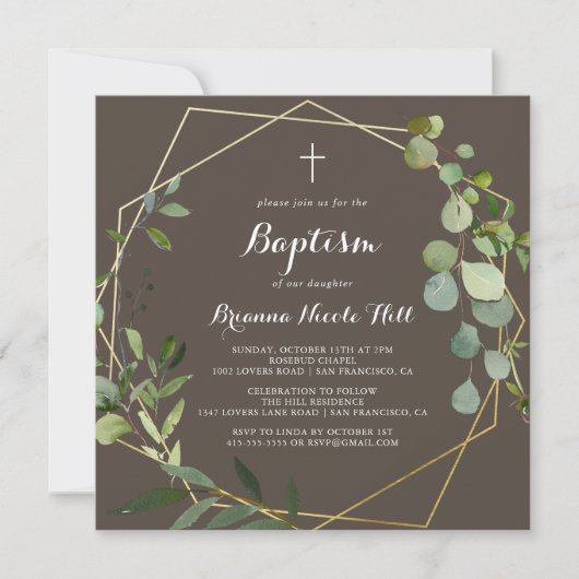 Geometrische Goud Bruin Groene Kalligrafie Doop Kaart (Voorkant)