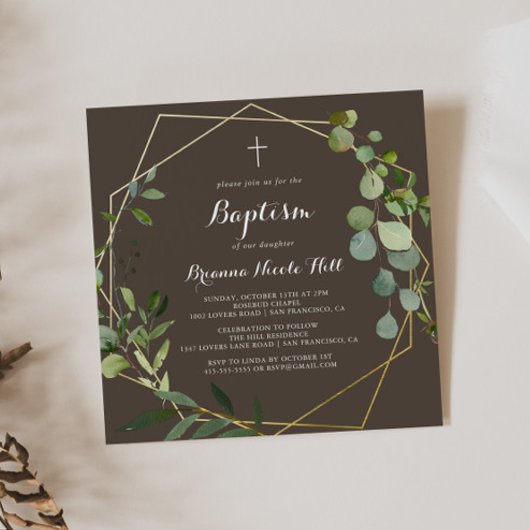 Geometrische Goud Bruin Groene Kalligrafie Doop Kaart