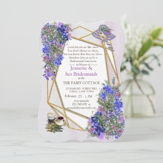 Geometrische goud- en lavender Flowers Bridemaids Kaart (Staand voorkant)
