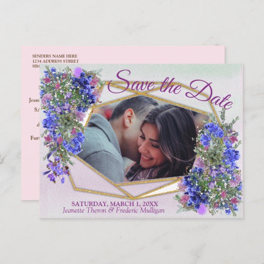 Geometrische goud- en lavender Flowers Sla de datu Aankondigingskaart (Voorkant / Achterkant)