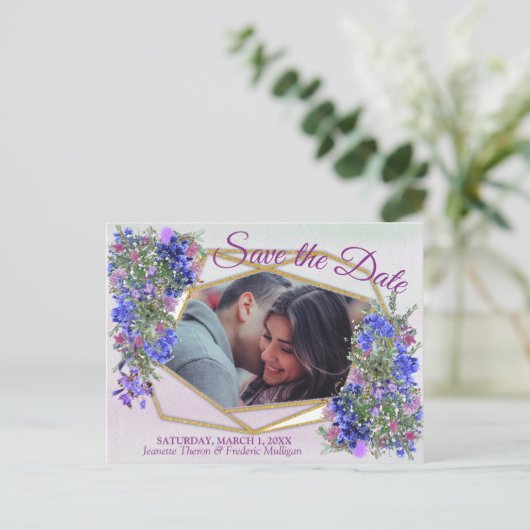 Geometrische goud- en lavender Flowers Sla de datu Aankondigingskaart (Staand voorkant)