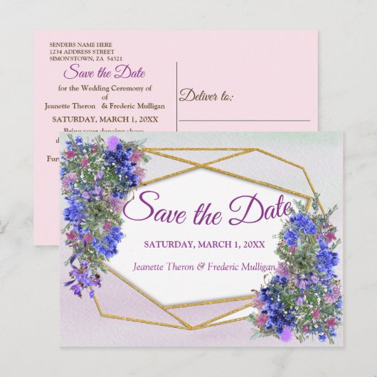 Geometrische goud- en lavender Flowers Sla de datu Aankondigingskaart (Voorkant / Achterkant)