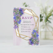 Geometrische goud- en lavenderbloemen RSVP kaartje (Staand voorkant)