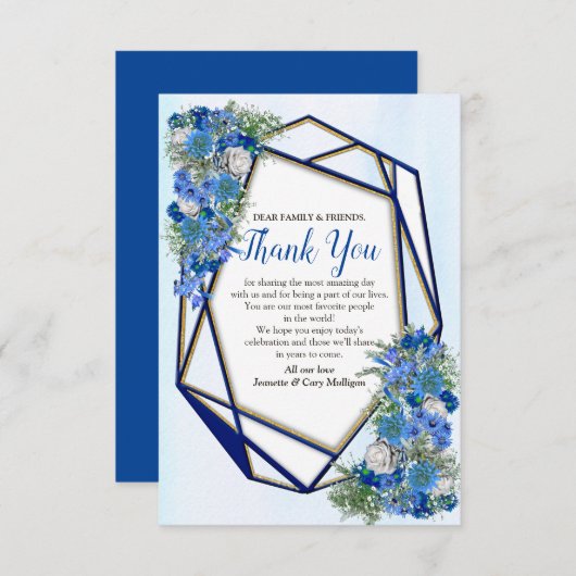 Geometrische goud-navy & blauwe bloem Dank je wel RSVP Kaartje (Voorkant / Achterkant)