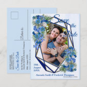 Geometrische Goud-Navy lijsten & Blauwe Bloemen Aankondigingskaart (Voorkant / Achterkant)