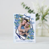 Geometrische Goud-Navy lijsten & Blauwe Bloemen Aankondigingskaart (Staand voorkant)