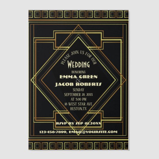 Geometrische Goud zwarte great gatsby Art Deco bru Vellum Uitnodigingen (Voorkant)
