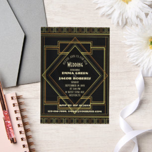 Geometrische Goud zwarte grote gatsby Art Deco bru Vellum Uitnodigingen