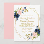Geometrische goudbloem Blauwe Roze Blush Weddensch Kaart (Voorkant / Achterkant)