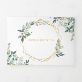 Geometrische gouden blad Trifold bruiloft uitnodig Drieluik Uitnodiging