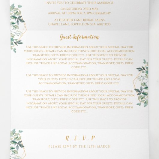 Geometrische gouden blad Trifold bruiloft uitnodig Drieluik Uitnodiging (Binnenkant midden)