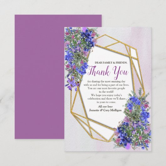 Geometrische gouden en lavendelbloemstukken RSVP kaartje (Voorkant / Achterkant)