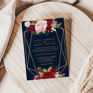 Geometrische gouden en rode tropische bruiloft kaart