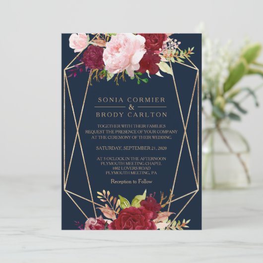 Geometrische gouden en rode tropische bruiloft kaart (Staand voorkant)